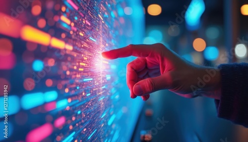 Hand touches colorful digital display screen with vibrant neon lights, futuristic interface. Tech interaction effect, dynamic communication. Modern user, cyber datum, panel advance connectivity