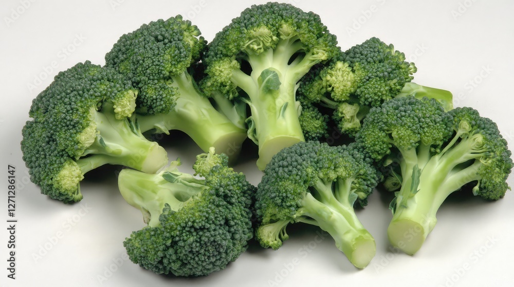Broccoli florets with a few stems cut into pieces, placed in a neat pattern on a white surface. Broccoli florets with a few stems cut into pieces, placed in a neat pattern on a white surface.