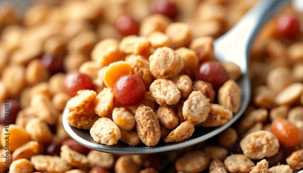 Close up of a spoonful of cereal with red and brown balls. Close up of a spoonful of cereal with red and brown balls.