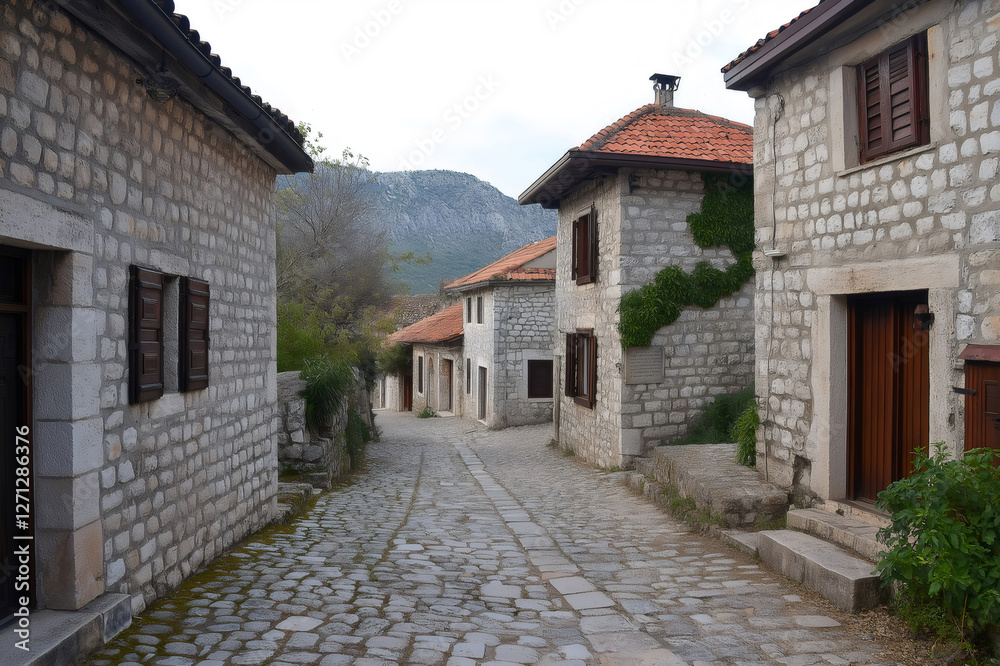 Obraz premium Winding cobblestone street passing traditional stone houses captures the timeless charm of a quaint European village