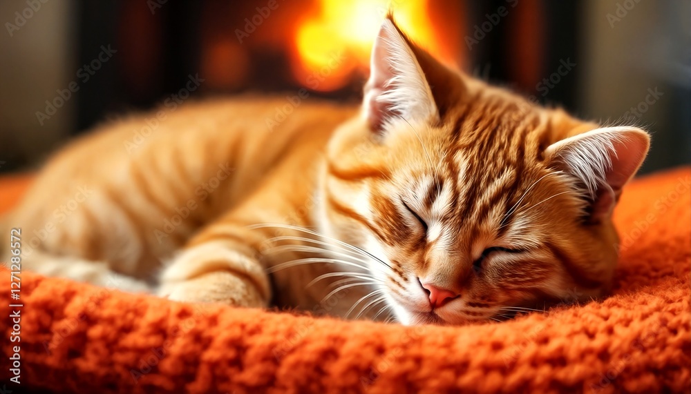 A close-up of an orange cat sleeping peacefully on a fluffy orange blanket. A close-up of an orange cat sleeping peacefully on a fluffy orange blanket.