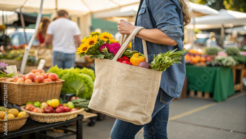 Young woman holding a reusable tote bag filled with colorful fruits and flowers at a vibrant farmers market, surrounded by fresh produce and bustling activity