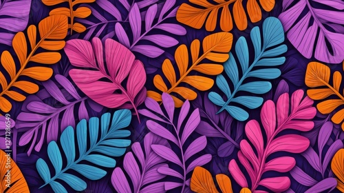 Background pattern leaf concept. Whimsical Tropical Foliage Pattern with Vibrant Hand Drawn Leaves