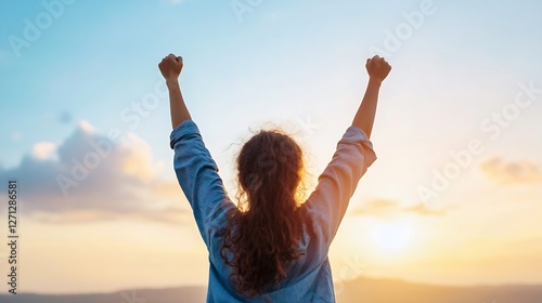 Joyful image of a woman celebrating and raising fists high in the air during a bright sunset : Generative AI photo