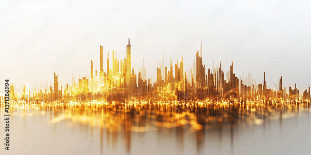 Fototapeta premium vibrant city skyline with golden hues reflecting off water, showcasing modern architecture and futuristic atmosphere