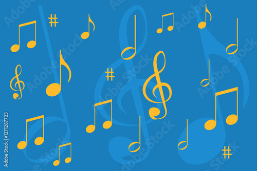 Musical notes on collocated background scattered inordinately. Musical notes float in the air. Flat design.