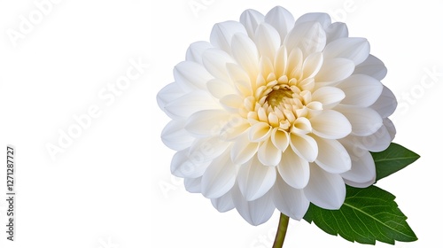 Wallpaper Mural Close-Up of a Pristine White Dahlia Flower with Delicate Petals and Green Leaf on Neutral Background Torontodigital.ca