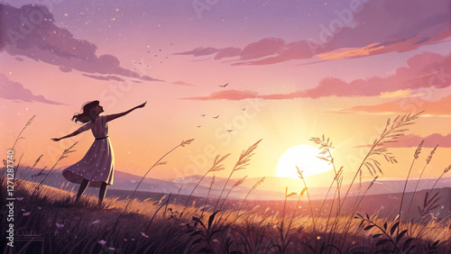 silhouette of a girl in a field