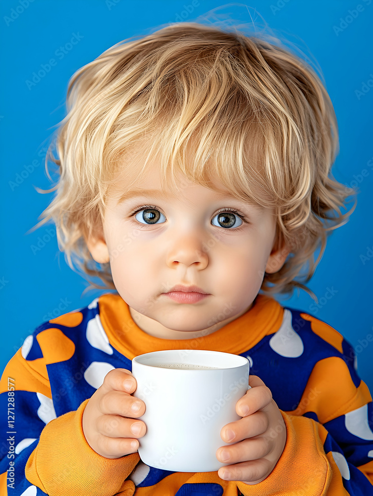 Toddler holding mug, blue background, studio shot, child portrait, for ads Toddler holding mug, blue background, studio shot, child portrait, for ads