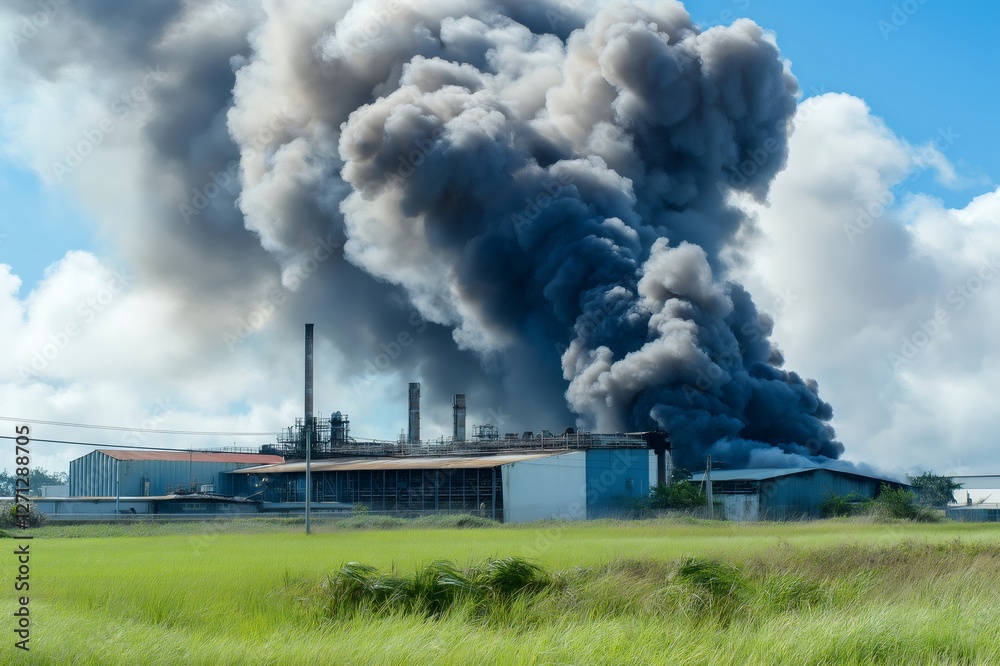 Huge cloud of dark smoke rising from burning industrial building, causing severe air pollution and environmental damage Huge cloud of dark smoke rising from burning industrial building, causing severe air pollution and environmental damage