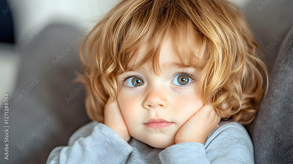 Toddler with blond curls, indoor portrait, pensive expression, soft background Toddler with blond curls, indoor portrait, pensive expression, soft background
