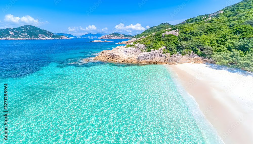 Fototapeta premium Tropical beach, clear water, island view, sunny day, travel