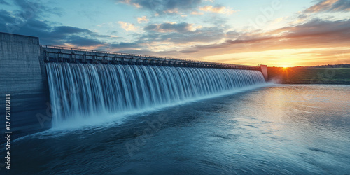 Water flows majestically over the dam wall during sunset, illuminating the surrounding landscape with warm, vibrant colors