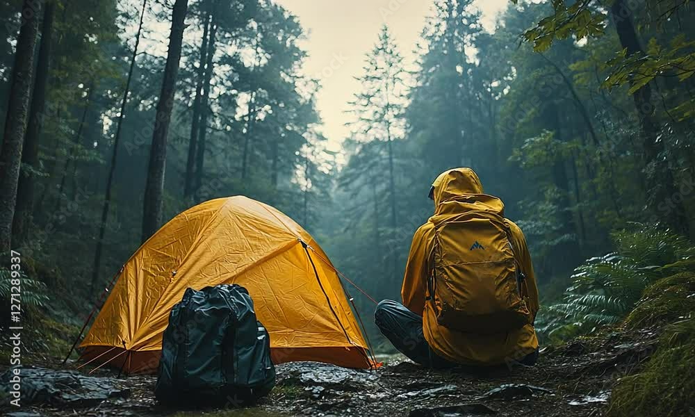 A lone hiker in a yellow rain jacket sits by a tent in a misty forest, surrounded by lush greenery