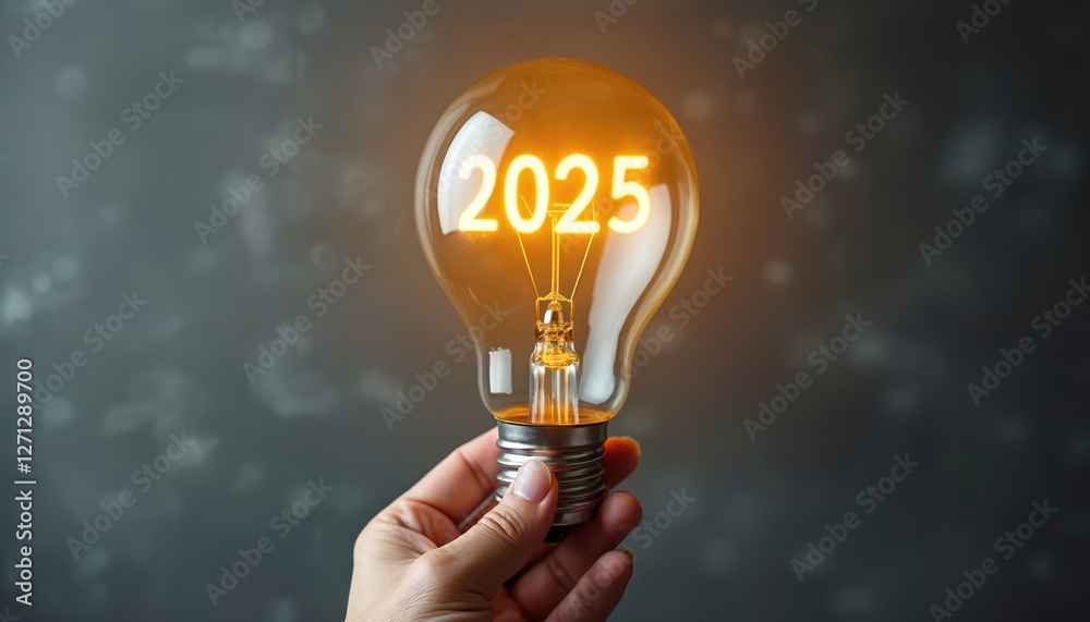 Hand holds yellow light bulb with 2025 text. Business vision, future tech or bright idea concept. Symbolizes innovation, planning, investment in technology, science, thinking for business success. Hand holds yellow light bulb with 2025 text. Business vision, future tech or bright idea concept. Symbolizes innovation, planning, investment in technology, science, thinking for business success.