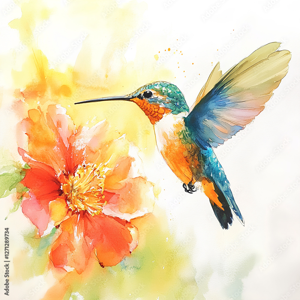 Fototapeta premium Watercolor illustration of a lively hummingbird hovering near a flower with delicate brushstrokes and vibrant colors 