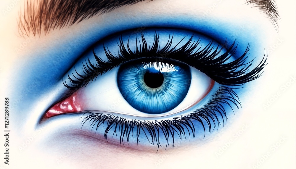 A close-up digital illustration of a blue eye with long eyelashes and vibrant makeup. A close-up digital illustration of a blue eye with long eyelashes and vibrant makeup.