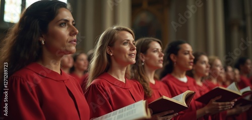 Church choir sings in cathedral. Women wear red robes, hold song books, perform sacred songs. Group worships together, filling the hall with melody, music and harmony during service.