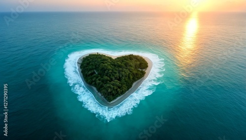 A small island shaped like a heart floating in the ocean at sunset.