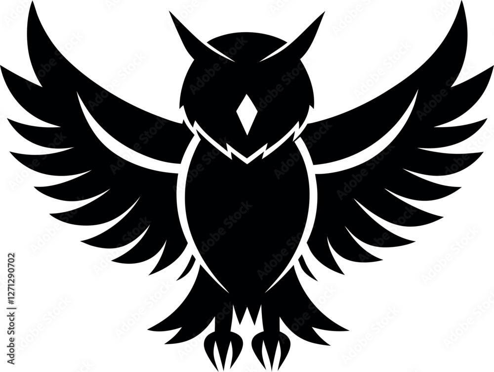 Obraz premium Minimalistic Black Silhouette Vector Illustration of an Owl Spreading Its Wings, Majestic Night Hunter, Bird of Prey, Silent Flight, Winged Beauty, Nature, and Mysterious Wildlife Art.