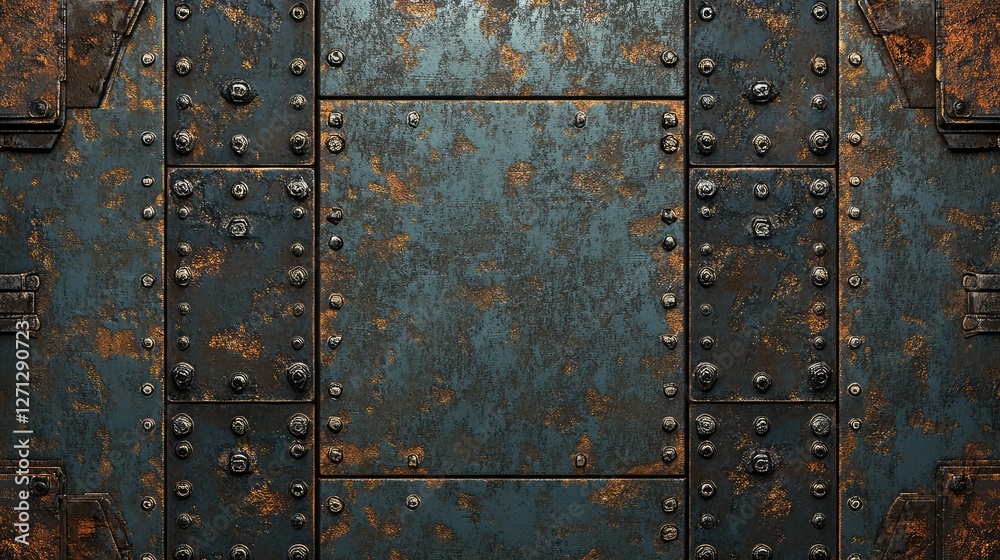 Dark iron background with faded patina and deep oxidation spots, adding an old and worn industrial touch. Dark iron background with faded patina and deep oxidation spots, adding an old and worn industrial touch.