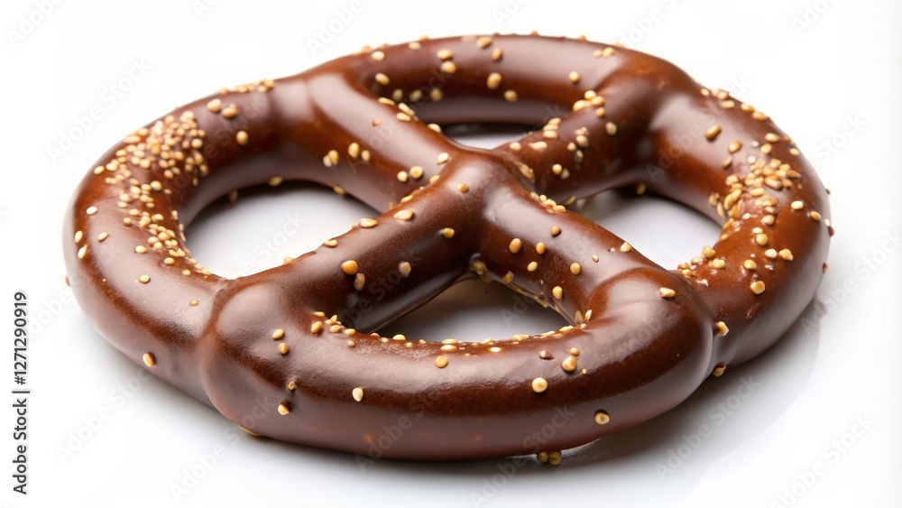 Chocolate-Covered Pretzel with Sesame Seeds on White Background Chocolate-Covered Pretzel with Sesame Seeds on White Background