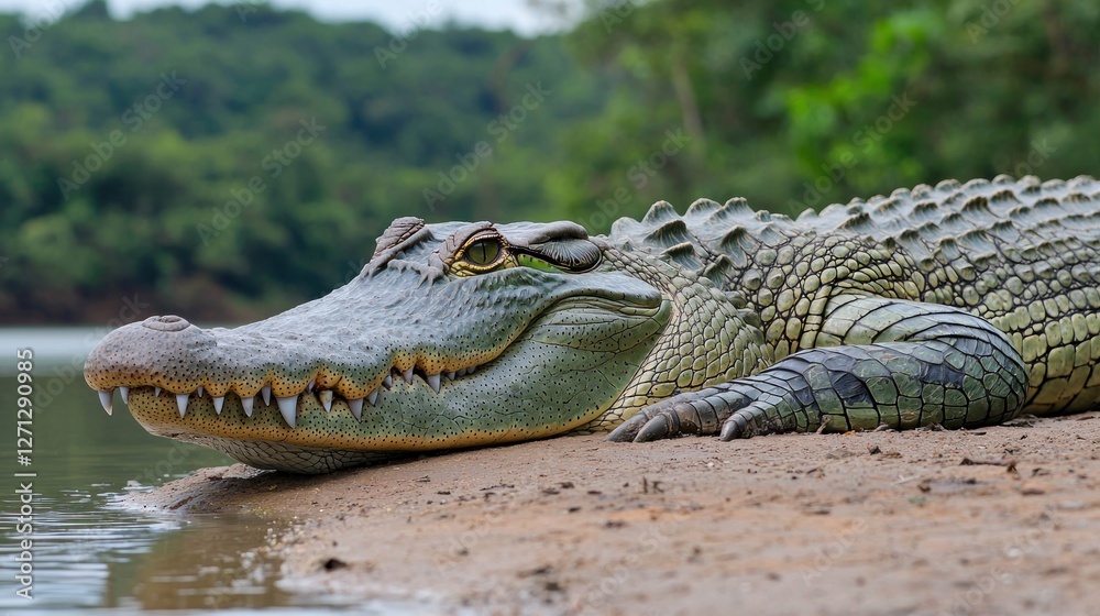 Fototapeta premium Spectacular Green Crocodile Basking by the Riverbank