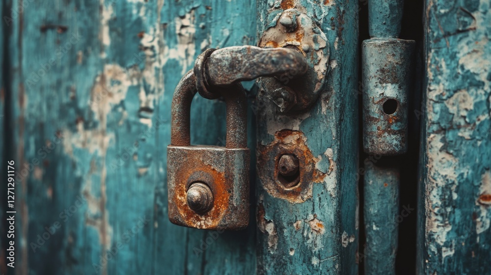 A corroded padlock on a peeling teal door shows age and weathering, with an air of rustic decay and hidden stories. A corroded padlock on a peeling teal door shows age and weathering, with an air of rustic decay and hidden stories.