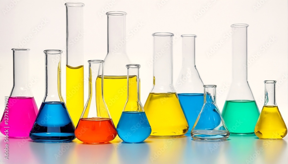 Beakers and flasks filled with colored liquids. Beakers and flasks filled with colored liquids.