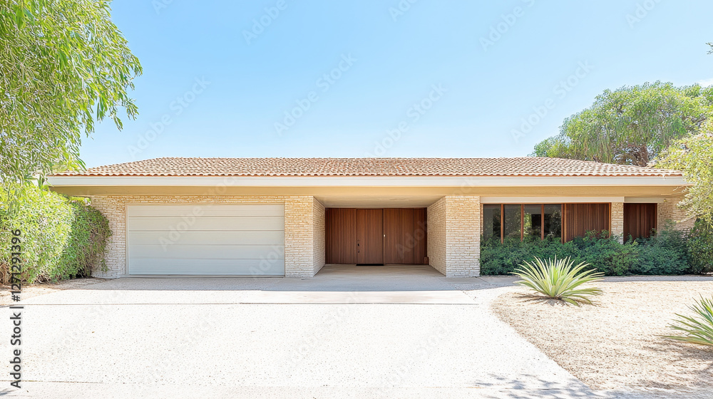 Fototapeta premium Contemporary mid-century modern home with garage and lush landscape