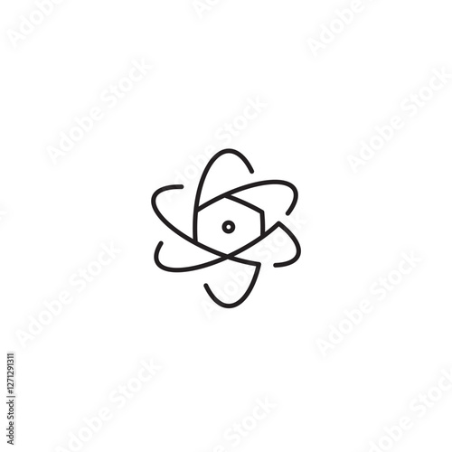 Atom icon. Atom isolated symbol. Nuclear science. Nucleus of proton. Core of neutron. Molecule of life. Pictogram for physics, energy, medicine and chemistry. Vector illustration