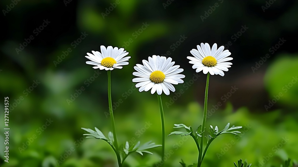 Three White Daisies in a Lush Green Garden Three White Daisies in a Lush Green Garden