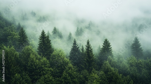 A foggy forest with towering trees stretches into the distance, evoking serenity and hidden adventures.