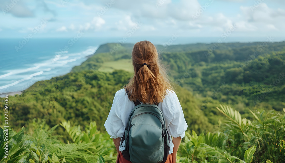 Woman backpacker admires ocean view from hilltop Woman backpacker admires ocean view from hilltop