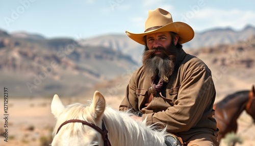 Cowboy in the Desert sitting on a white horse in a desert landscape