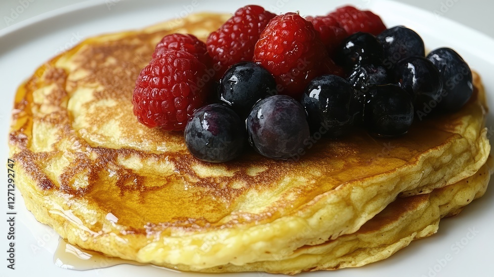 Delicate stack of golden pancakes drizzled with maple syrup and topped with fresh berries, presented on a white surface. Delicate stack of golden pancakes drizzled with maple syrup and topped with fresh berries, presented on a white surface.
