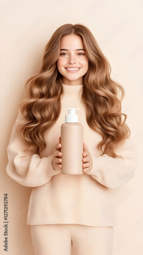 Woman holding hair product, studio shot, beauty Woman holding hair product, studio shot, beauty
