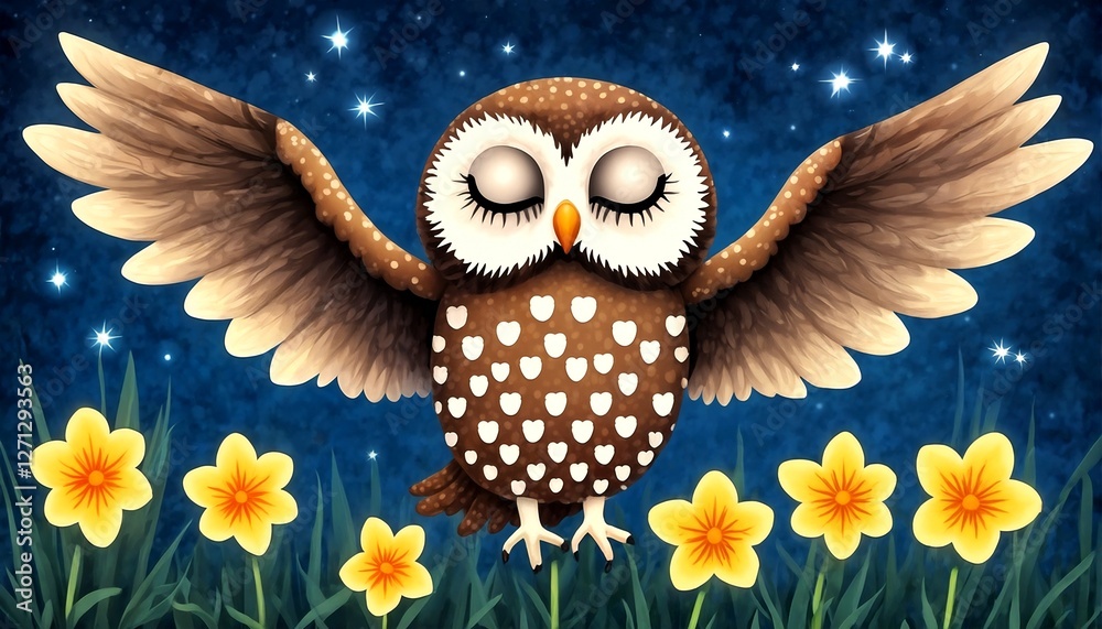 Fototapeta premium Cute Owl on Daffodils.