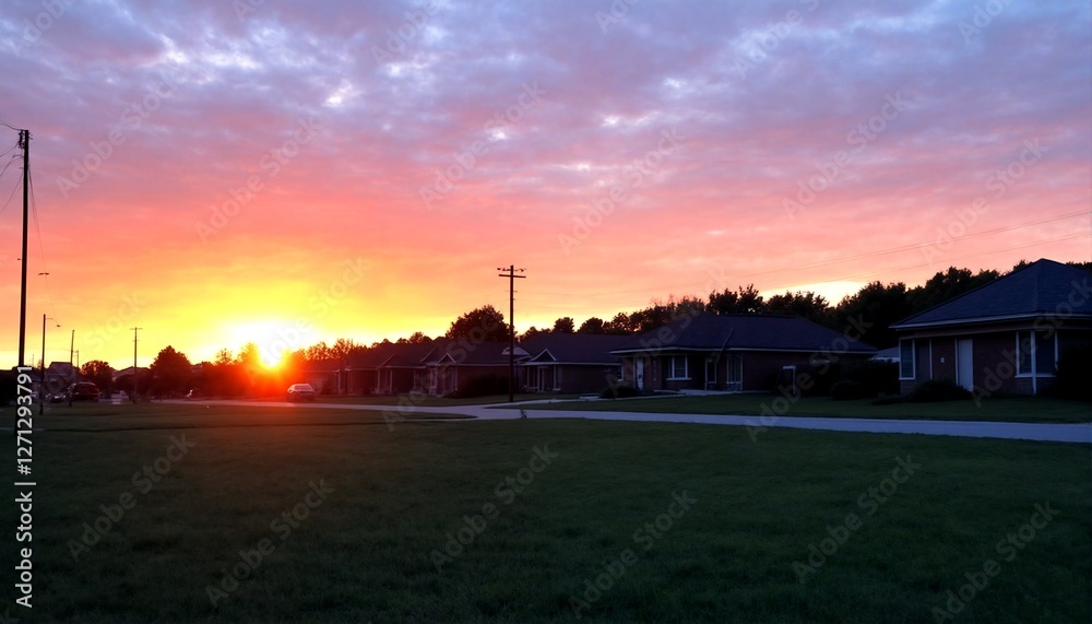 Fototapeta premium The sun sets behind houses and trees.
