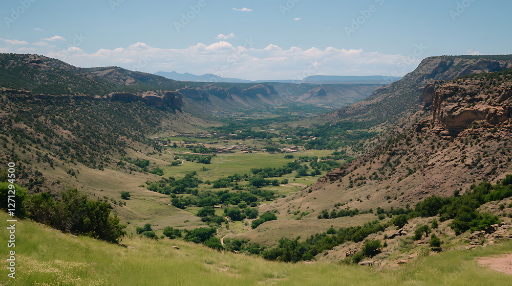 Naklejka premium Serene Valley Vista of a Rural Community in a Mountain Landscape on a Sunny Day with Blue Sky