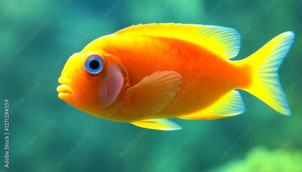 Close-up of two vibrant orange and yellow fish with blue eyes. Close-up of two vibrant orange and yellow fish with blue eyes.