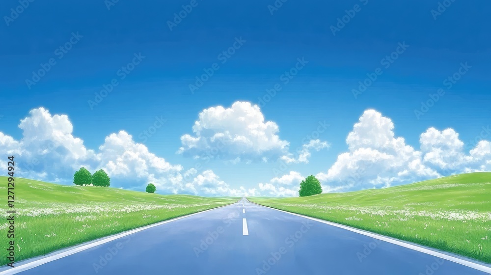 Expansive highway cutting through rolling green countryside, with a clear blue sky and fluffy white clouds overhead.