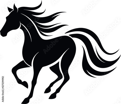 Black Silhouette Minimalistic Vector Illustration of a Galloping Horse with Flowing Mane, Fast Movement, Majestic Animal, Wild Horse, Power, Freedom, Horseback Riding, and Equestrian Art.