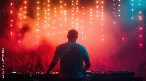 A DJ mixes bright lights as the crowd dances joyfully