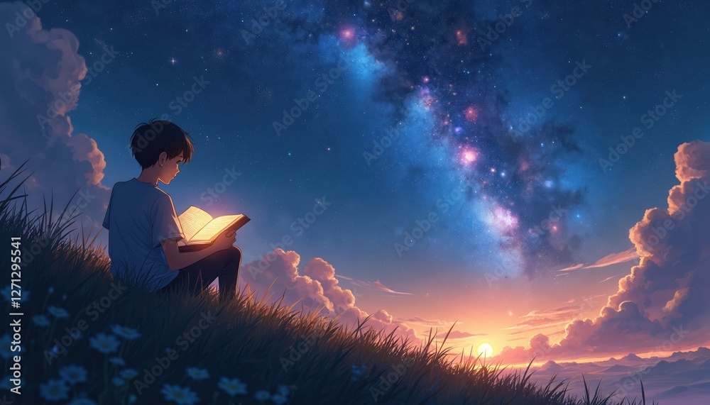 Boy reads book under starry night sky. Child sits on grass, explores cosmic world. Perfect for education, imagination concepts. Fantasy illustration with dreamy, peaceful, magical vibe. Book glows