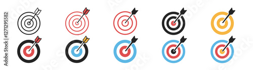 Archery target icon set. Target goal signs. Arrows hitting the center of target 