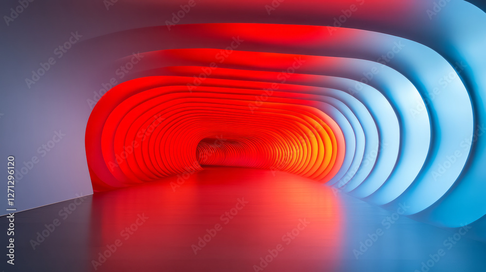 Fototapeta premium A low-angle perspective capturing sweeping lines of blue-red neon, each wave forming a futuristic