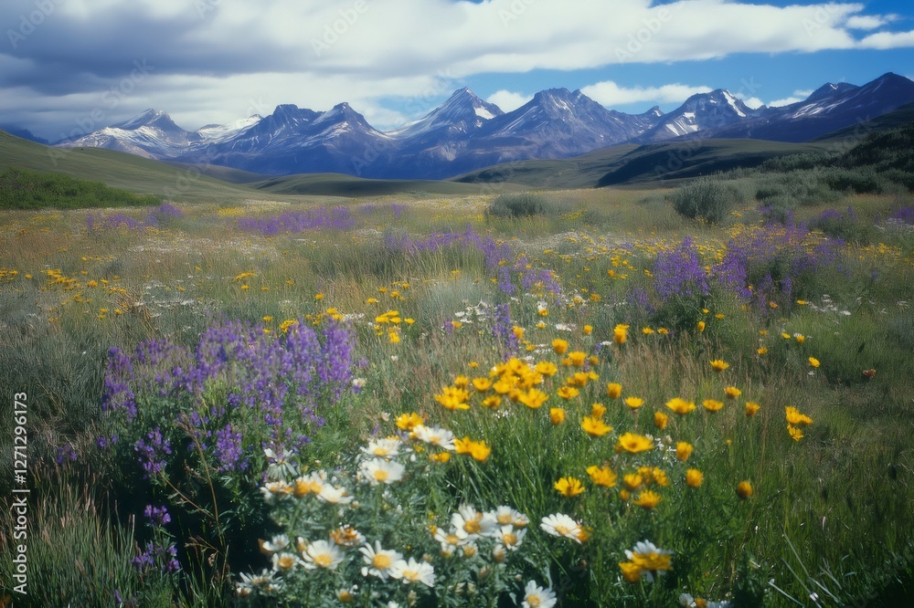 Fototapeta premium Scenic landscape featuring a vibrant meadow filled with colorful wildflowers, set against a backdrop of majestic snow capped mountains under a cloudy blue sky