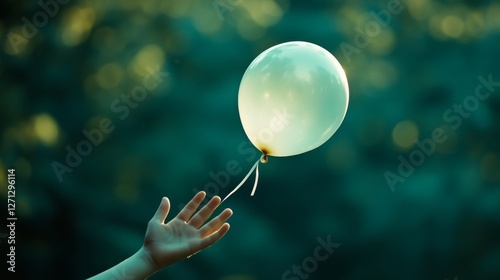 A child’s hand reaches for a drifting balloon, the green background emphasizing the playful and freeing moment captured in soft light.