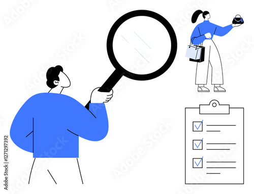 Person holding magnifying glass examining an object, another person holding items, a checklist with checkmarks. Ideal for research, analysis, inspection, quality control, decision making, auditing